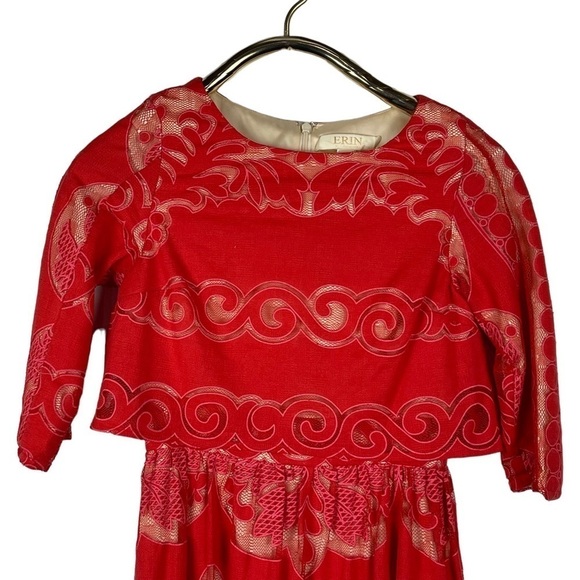 ERIN BY ERIN FETHERSTON JUDY CORAL RED LACE LAYERED BODICE 1/2 SLEEVE MAXI DRESS - Picture 4 of 14